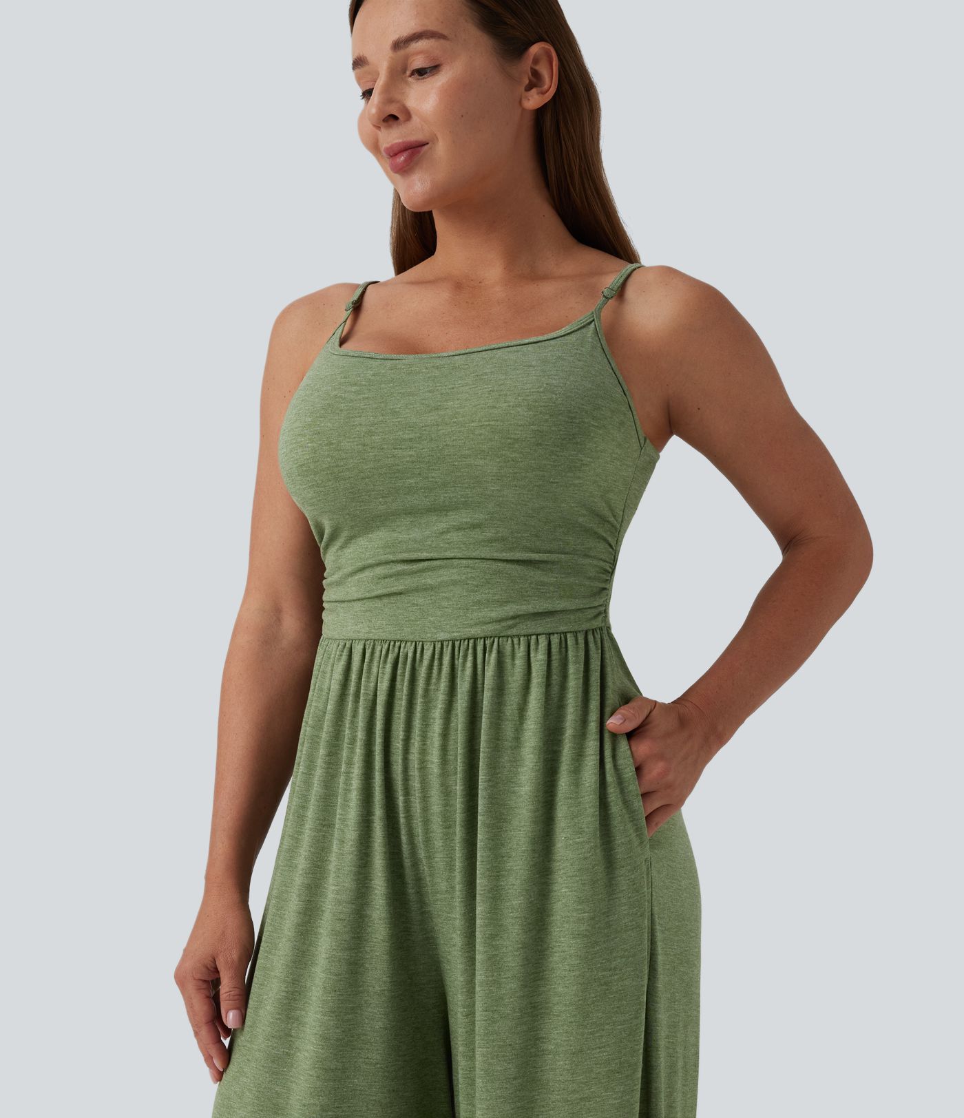 Adjustable Straps Ruched Wide Leg Heathered Casual Jumpsuit with Pockets-Easy Peezy
