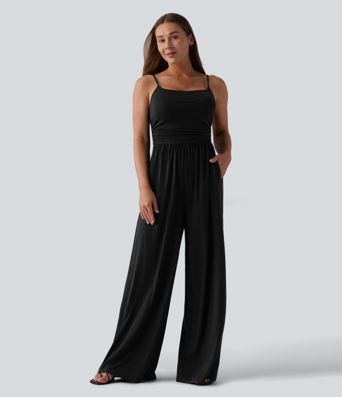 Adjustable Straps Ruched Wide Leg Heathered Casual Jumpsuit with Pockets-Easy Peezy