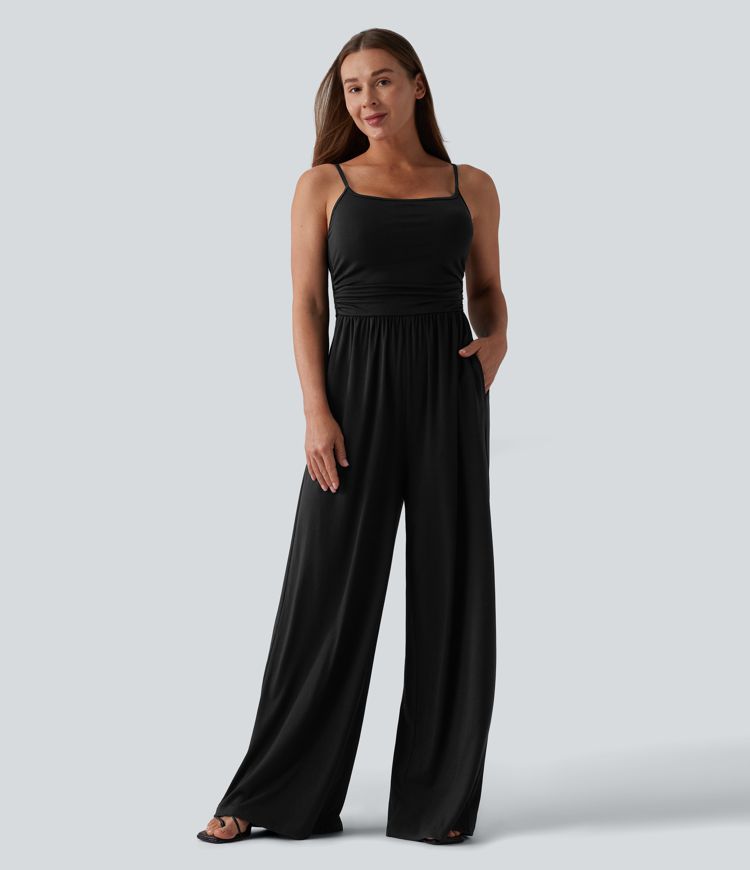 Adjustable Straps Ruched Wide Leg Heathered Casual Jumpsuit with Pockets-Easy Peezy