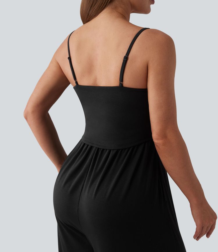 Adjustable Straps Ruched Wide Leg Heathered Casual Jumpsuit with Pockets-Easy Peezy
