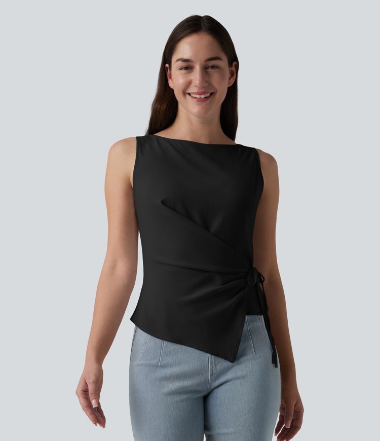 Boat Neck Tie Side Casual Linen-Feel Tank Top