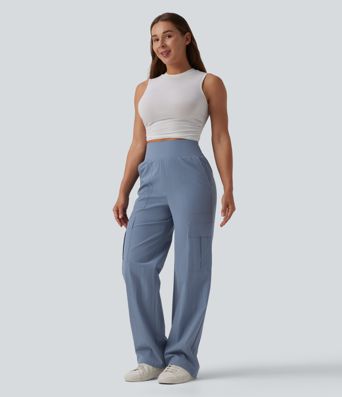 High Waisted Straight Leg Casual Pants with Pockets