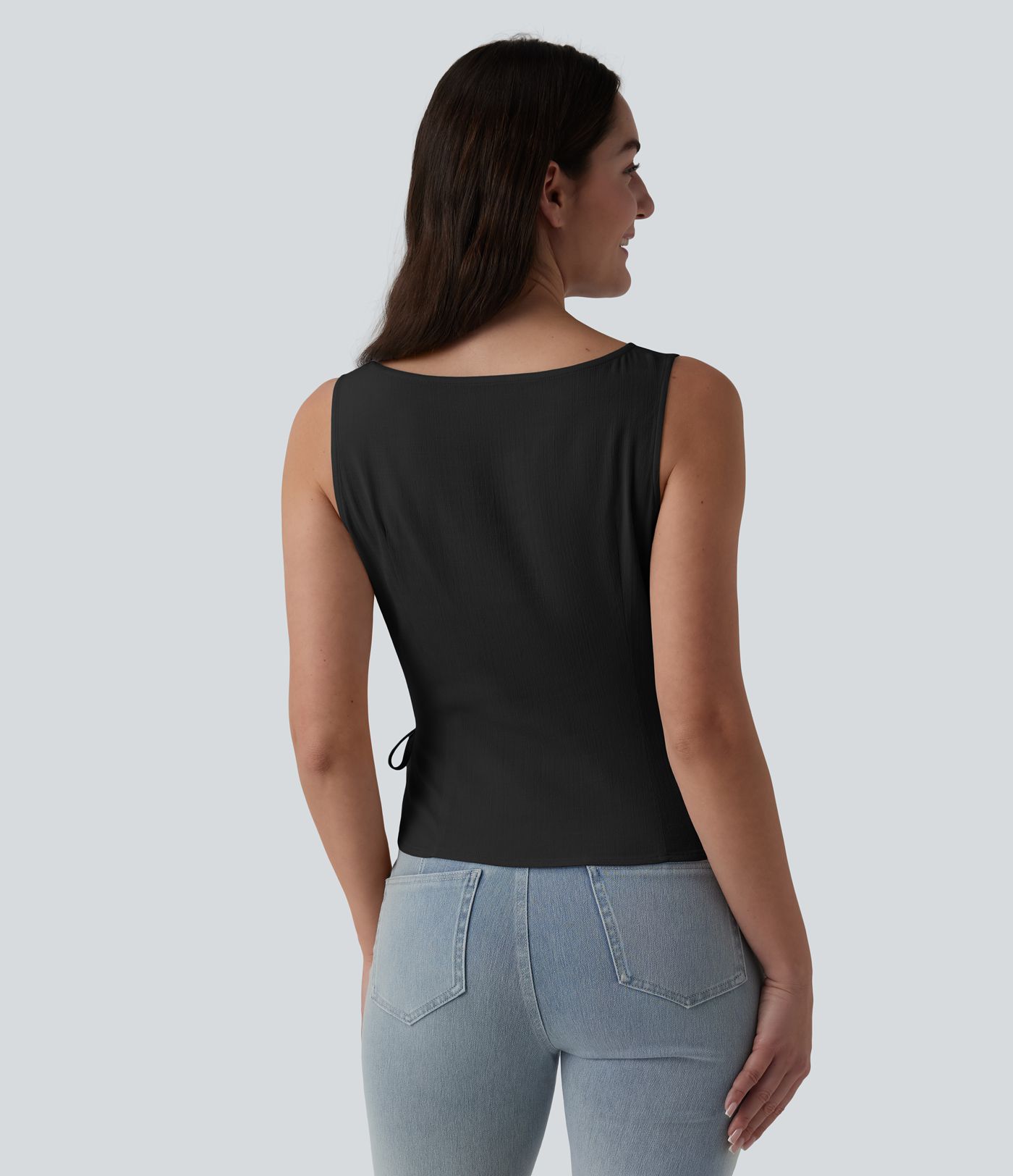 Boat Neck Tie Side Casual Linen-Feel Tank Top