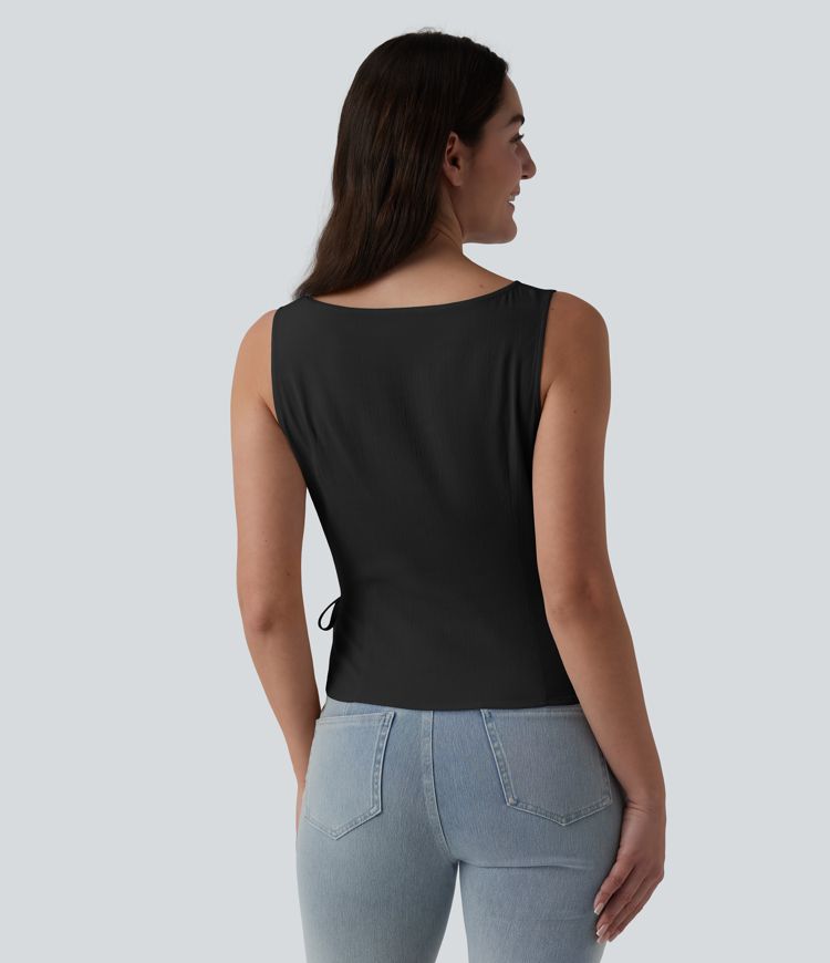 Boat Neck Tie Side Casual Linen-Feel Tank Top