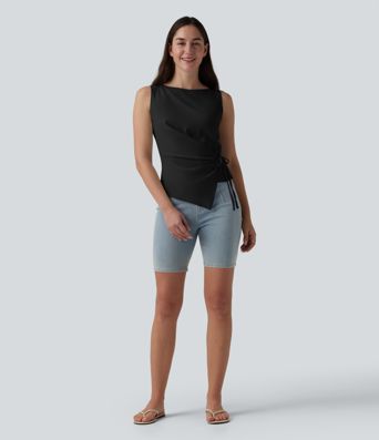 Boat Neck Tie Side Casual Linen-Feel Tank Top