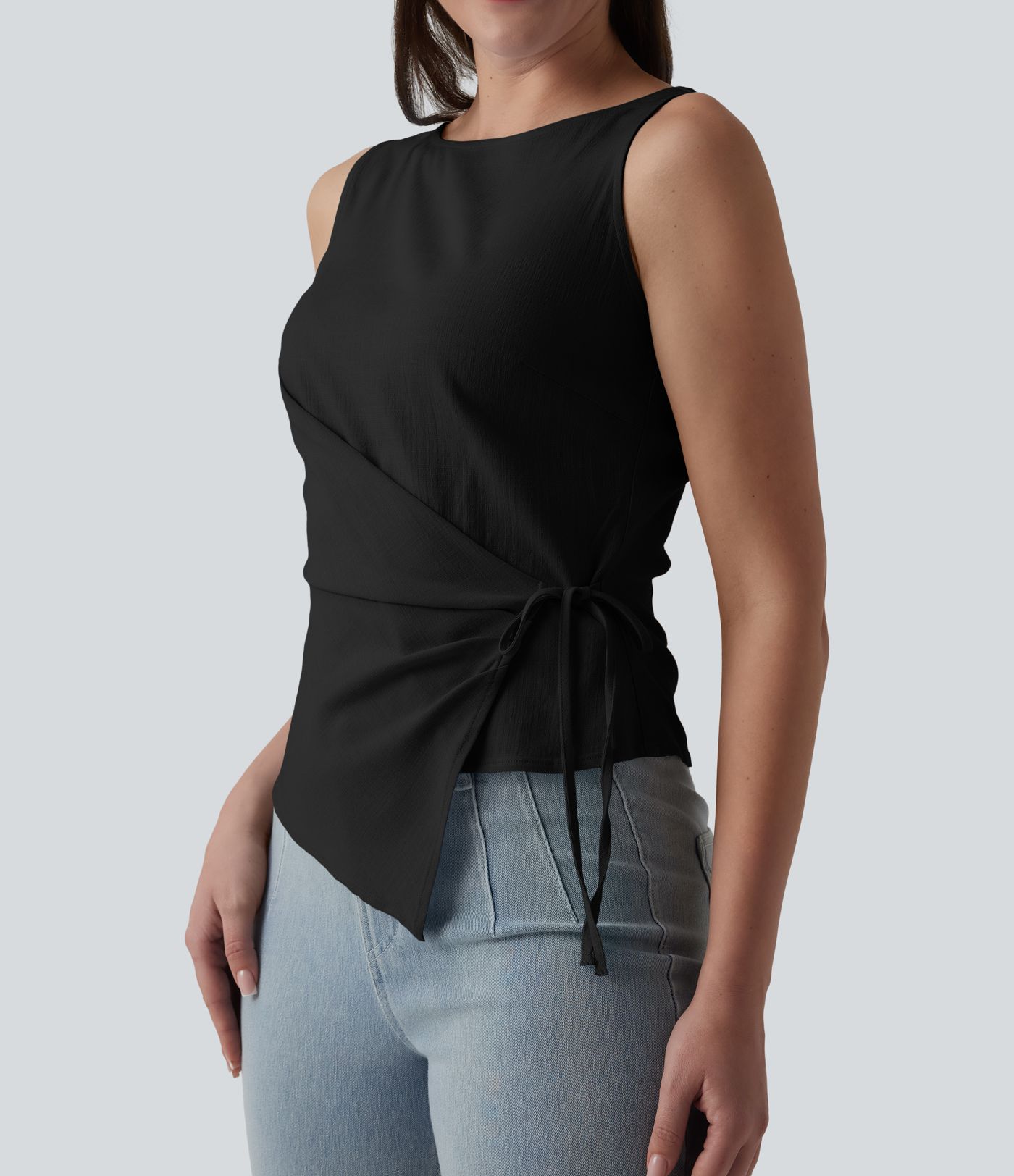 Boat Neck Tie Side Casual Linen-Feel Tank Top