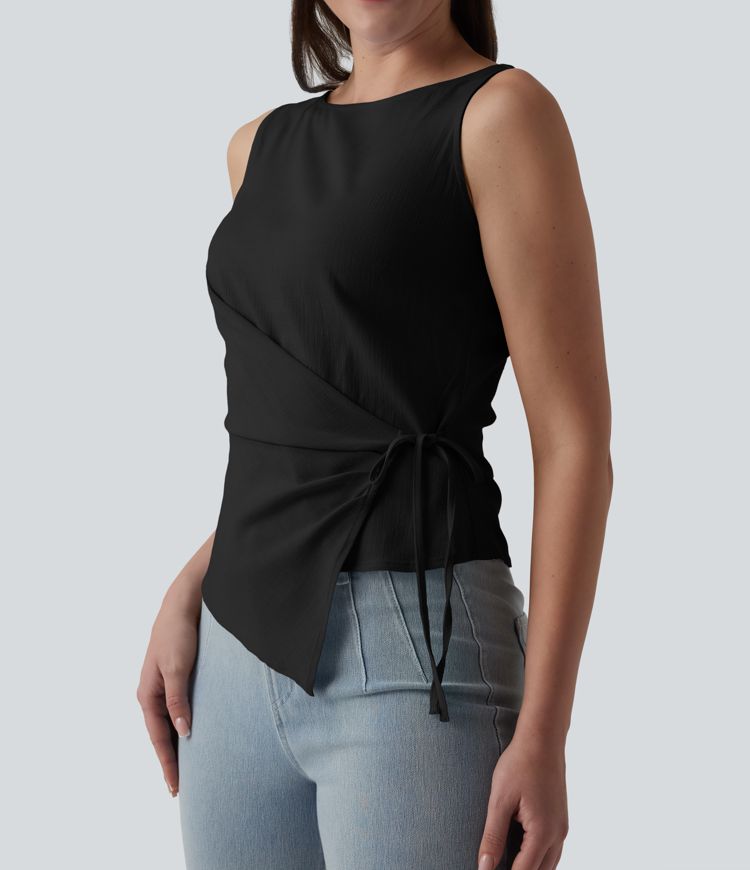 Boat Neck Tie Side Casual Linen-Feel Tank Top