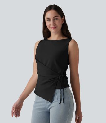 Boat Neck Tie Side Casual Linen-Feel Tank Top