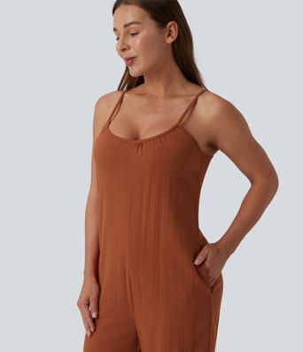 Wide Leg Casual Linen-Feel Slip Jumpsuit with Pockets