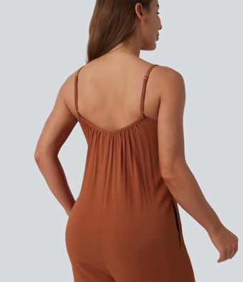 Wide Leg Casual Linen-Feel Slip Jumpsuit with Pockets