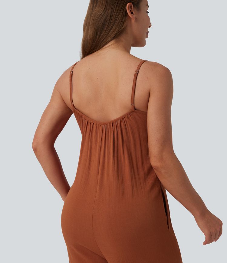 Wide Leg Casual Linen-Feel Slip Jumpsuit with Pockets