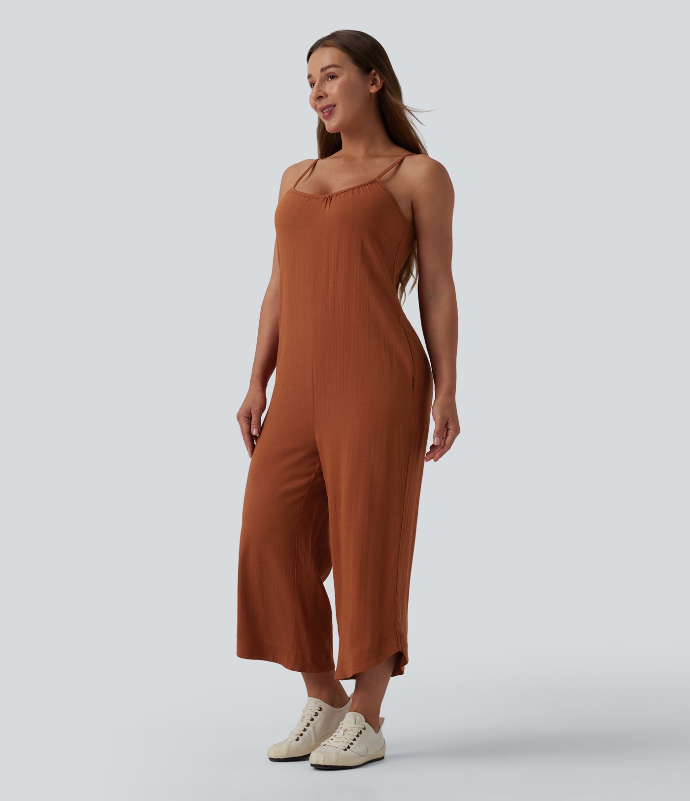 Wide Leg Casual Linen-Feel Slip Jumpsuit with Pockets