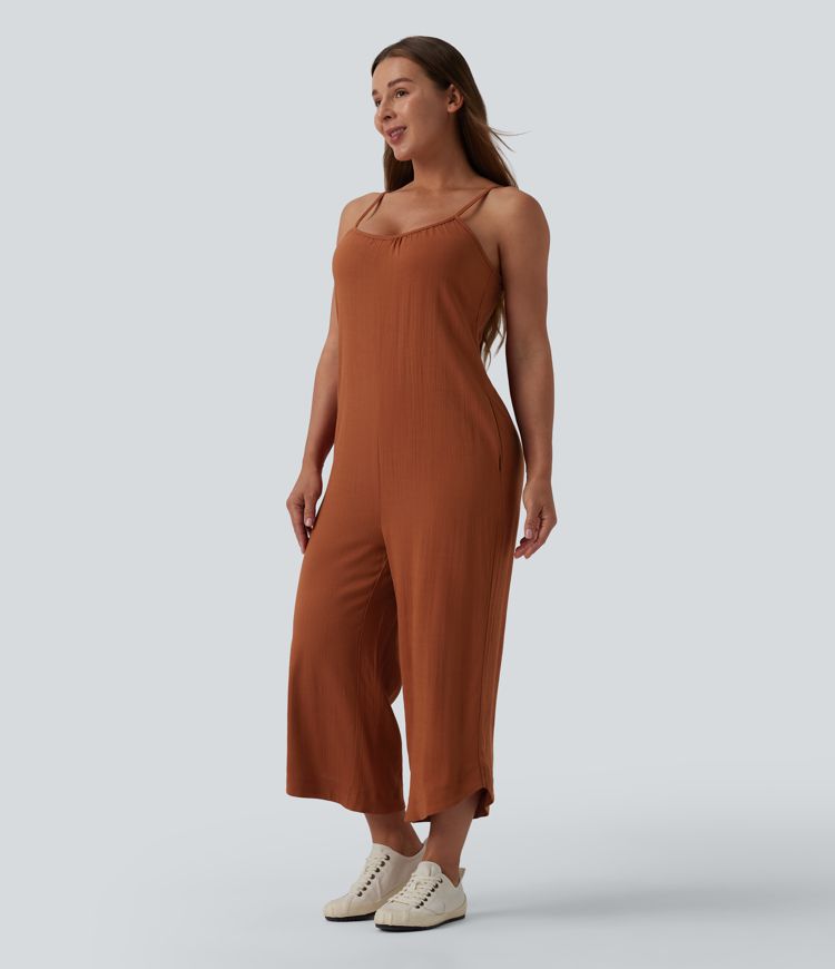 Wide Leg Casual Linen-Feel Slip Jumpsuit with Pockets