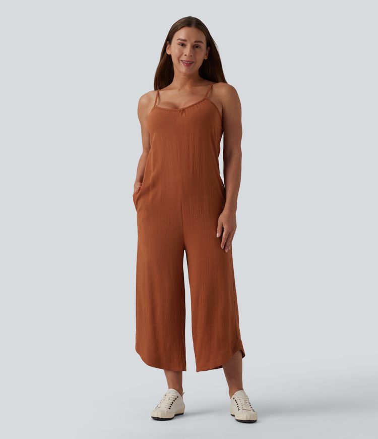 Wide Leg Casual Linen-Feel Slip Jumpsuit with Pockets