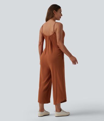 Wide Leg Casual Linen-Feel Slip Jumpsuit with Pockets