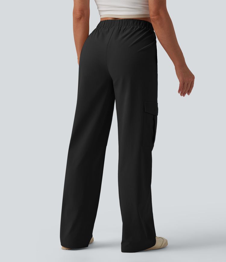 Mid Rise Straight Leg Stretchy Poplin Casual Pants with Pockets