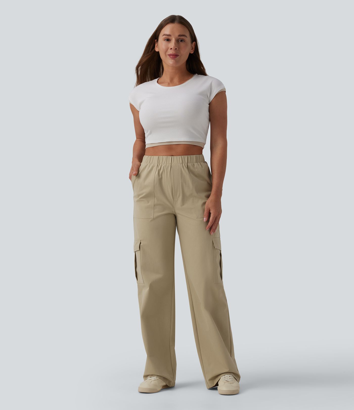 Mid Rise Straight Leg Stretchy Poplin Casual Pants with Pockets
