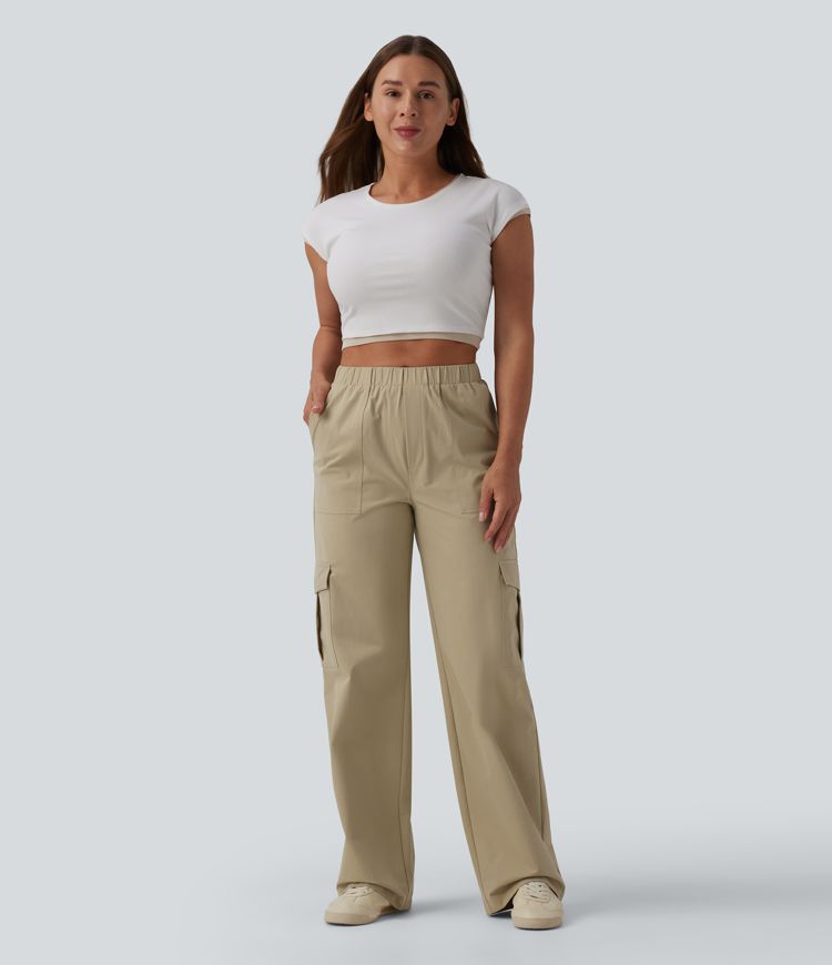 Mid Rise Straight Leg Stretchy Poplin Casual Pants with Pockets