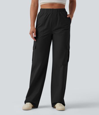 Mid Rise Straight Leg Stretchy Poplin Casual Pants with Pockets