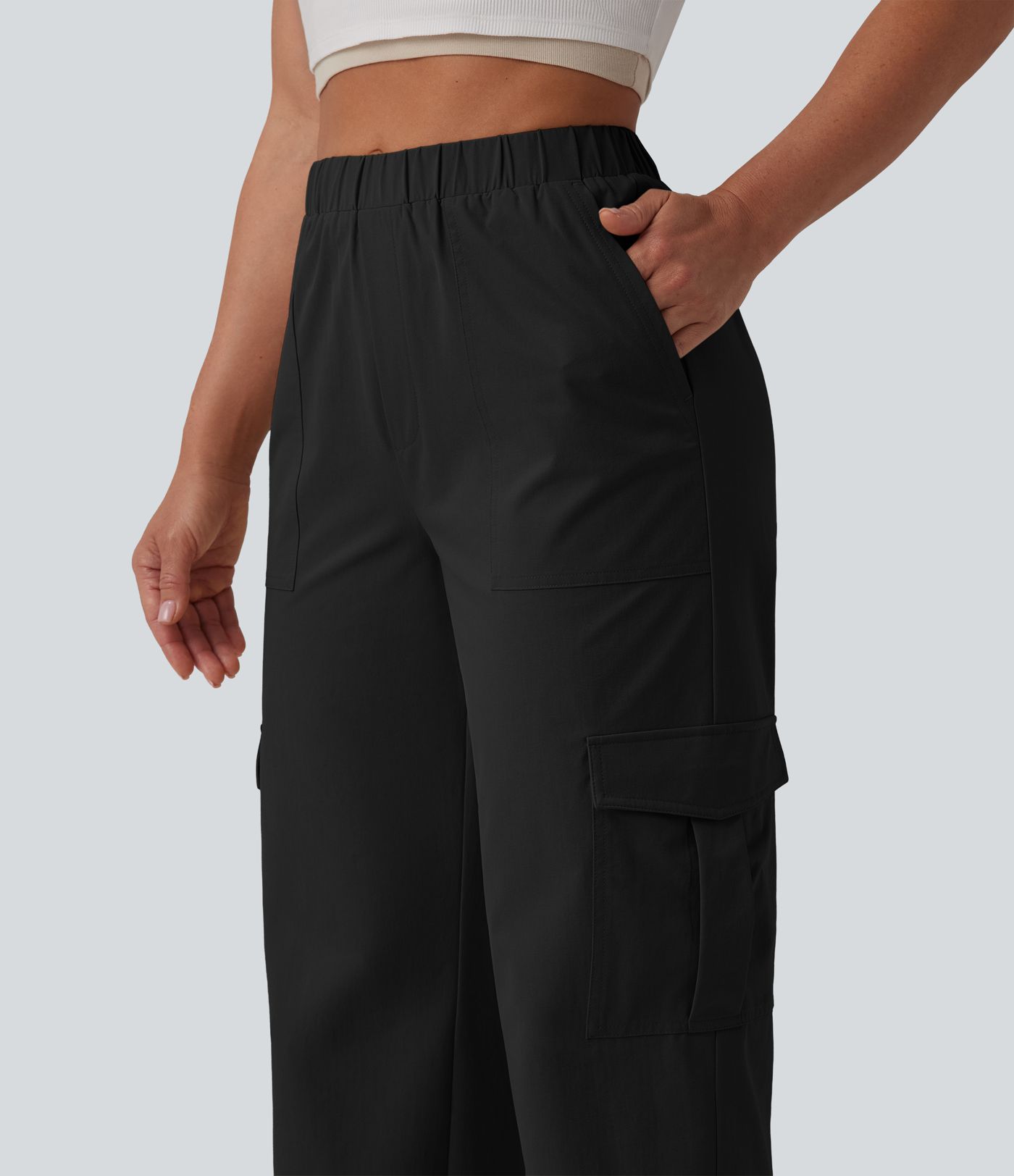 Mid Rise Straight Leg Stretchy Poplin Casual Pants with Pockets