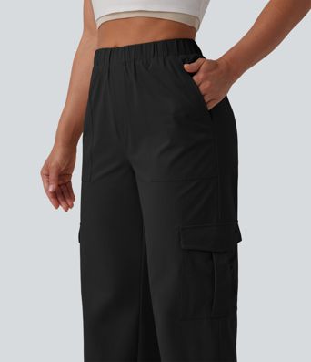 Mid Rise Straight Leg Stretchy Poplin Casual Pants with Pockets