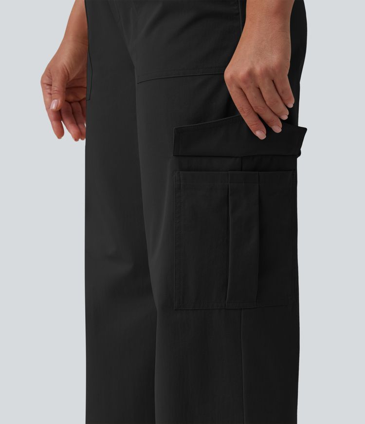 Mid Rise Straight Leg Stretchy Poplin Casual Pants with Pockets