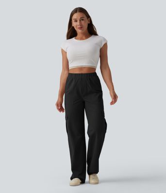 Mid Rise Straight Leg Stretchy Poplin Casual Pants with Pockets