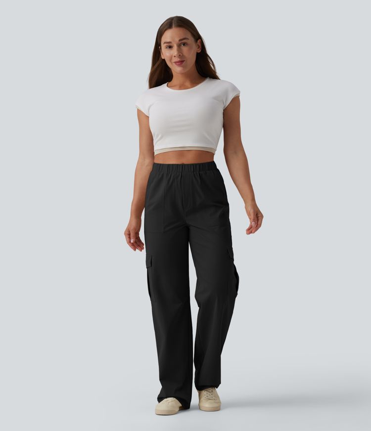 Mid Rise Straight Leg Stretchy Poplin Casual Pants with Pockets