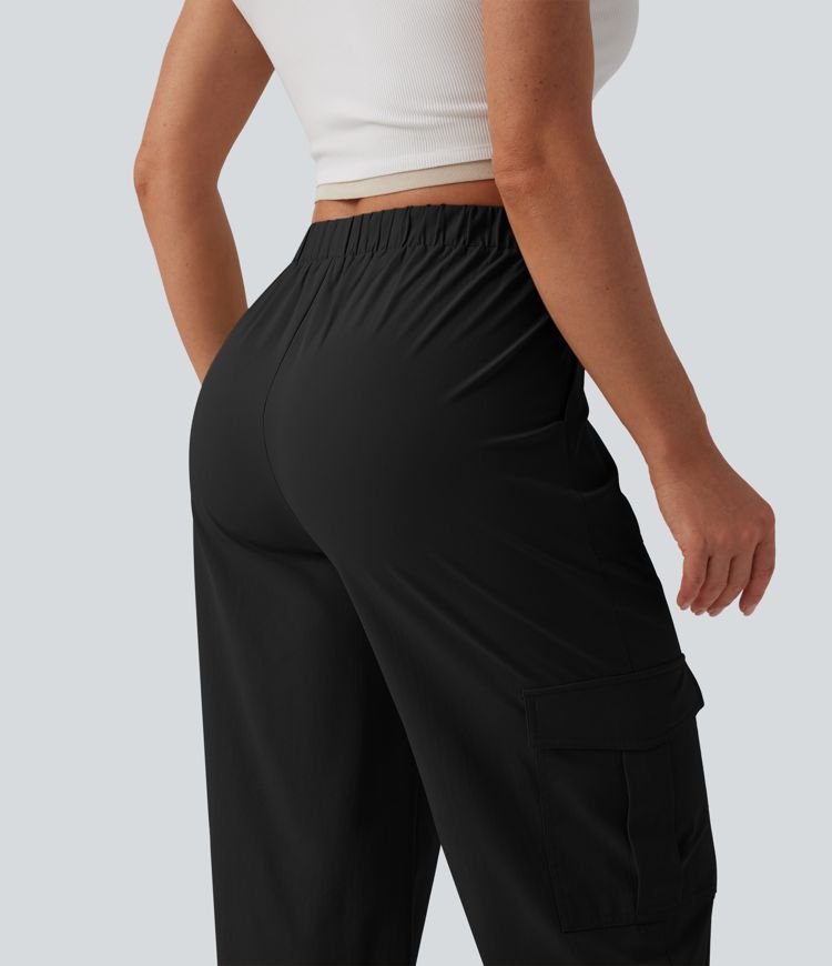 Mid Rise Straight Leg Stretchy Poplin Casual Pants with Pockets