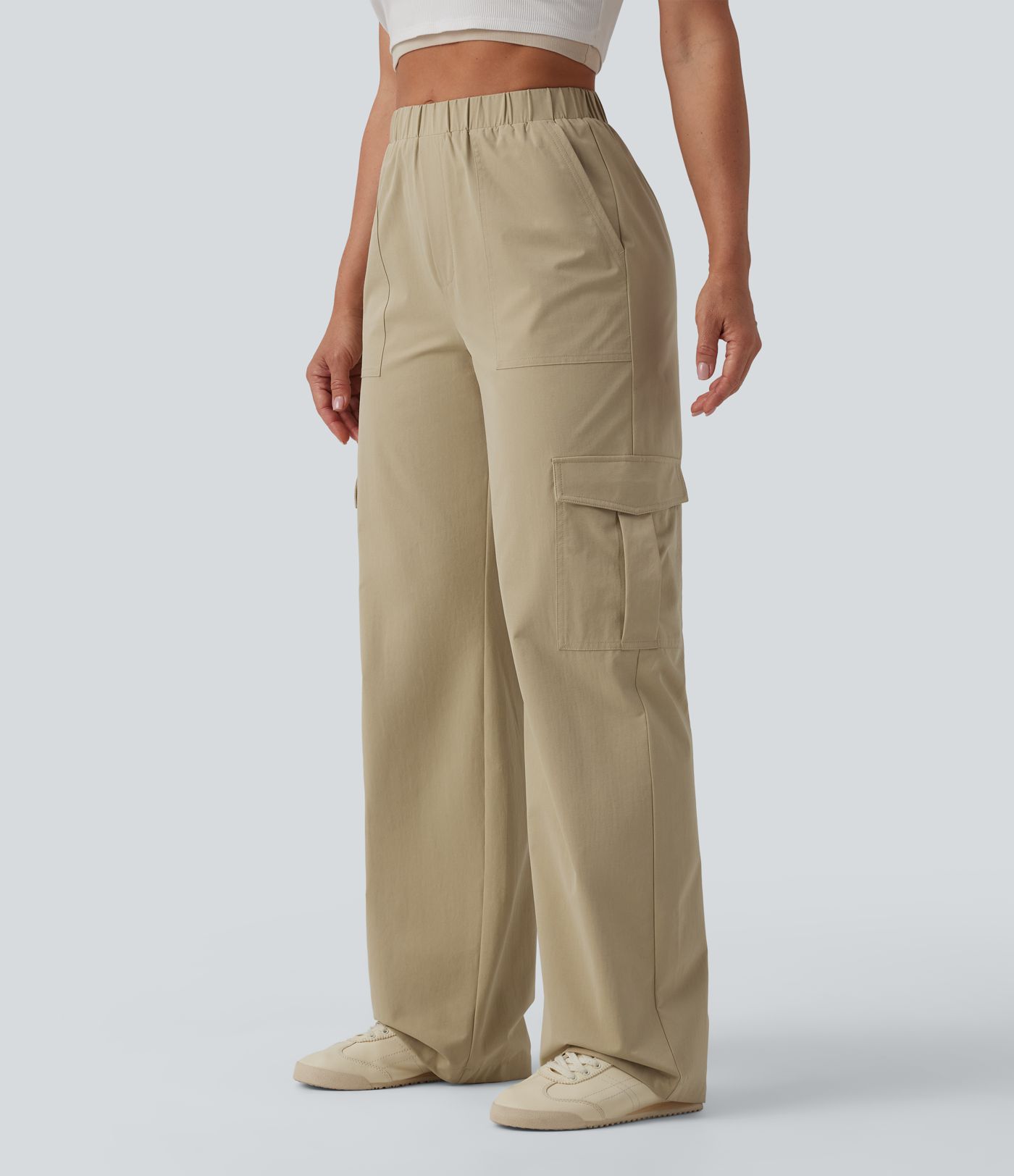 Mid Rise Straight Leg Stretchy Poplin Casual Pants with Pockets