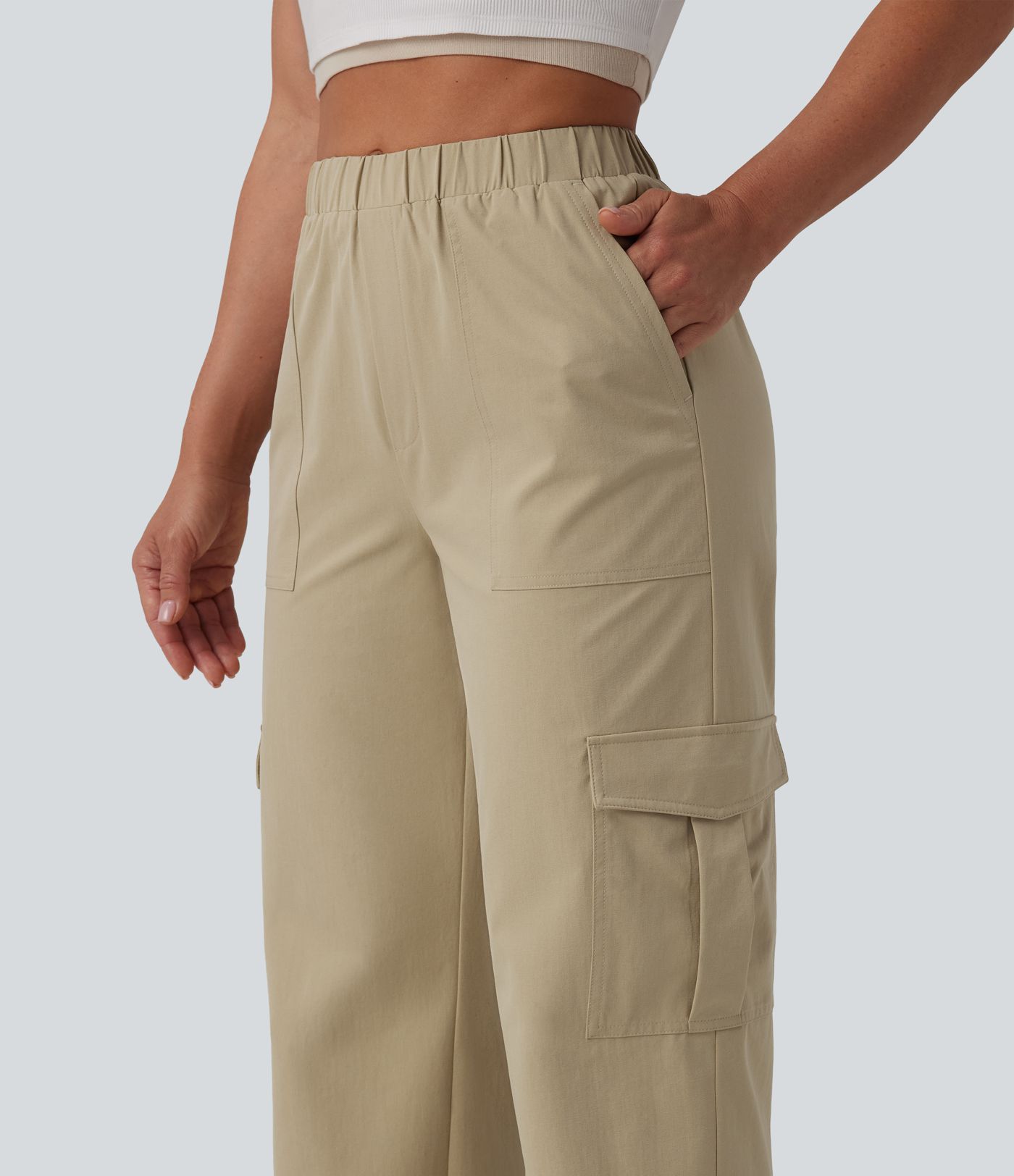 Mid Rise Straight Leg Stretchy Poplin Casual Pants with Pockets