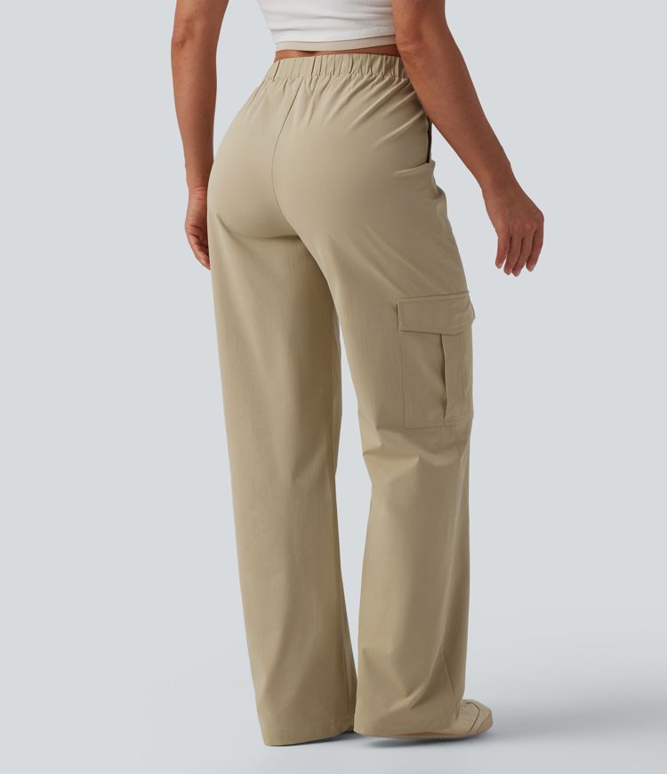 Mid Rise Straight Leg Stretchy Poplin Casual Pants with Pockets