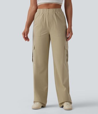 Mid Rise Straight Leg Stretchy Poplin Casual Pants with Pockets