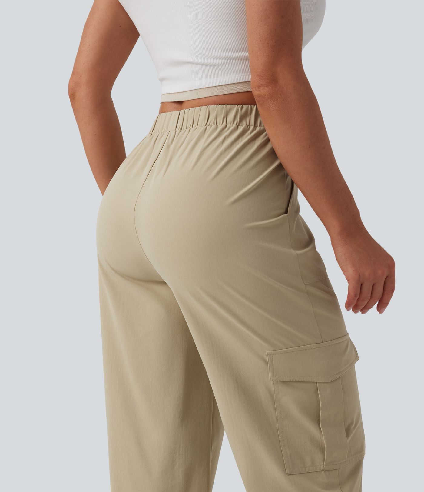 Mid Rise Straight Leg Stretchy Poplin Casual Pants with Pockets