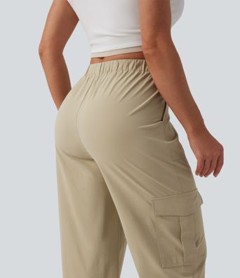 Mid Rise Straight Leg Stretchy Poplin Casual Pants with Pockets