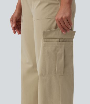 Mid Rise Straight Leg Stretchy Poplin Casual Pants with Pockets