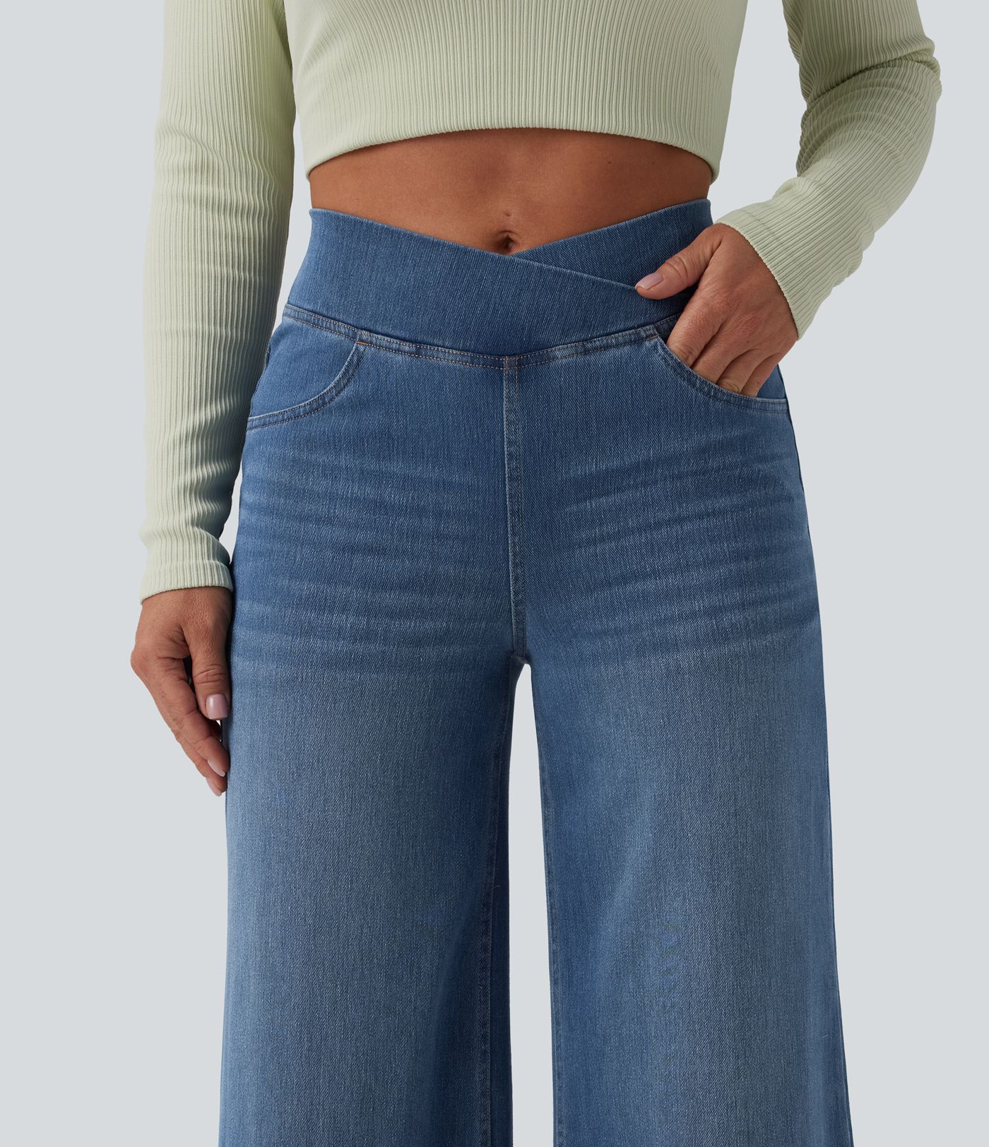 Halara Flex™ High Waisted Crossover Wide Leg Casual Jeans with Pockets