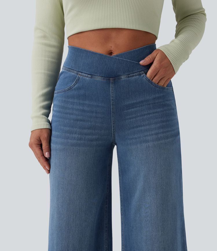 Halara Flex™ High Waisted Crossover Wide Leg Casual Jeans with Pockets