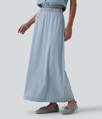 Halara Flex™ High Waisted A-Line Denim Maxi Casual Skirt with Pockets
