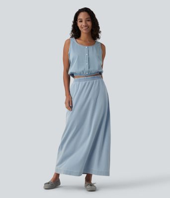 Halara Flex™ High Waisted A-Line Denim Maxi Casual Skirt with Pockets