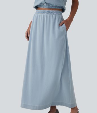 Halara Flex™ High Waisted A-Line Denim Maxi Casual Skirt with Pockets
