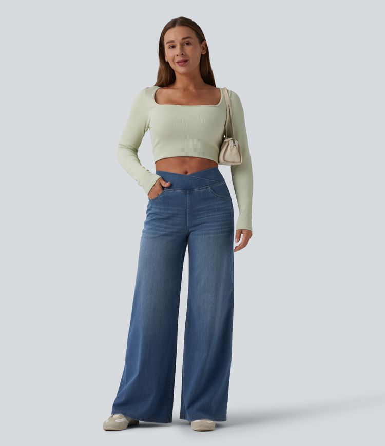 Halara Flex™ High Waisted Crossover Wide Leg Casual Jeans with Pockets