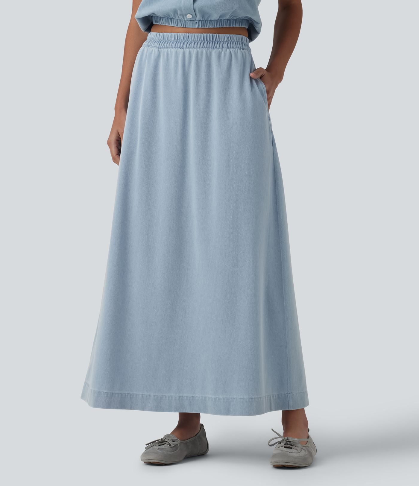 Halara Flex™ High Waisted A-Line Denim Maxi Casual Skirt with Pockets
