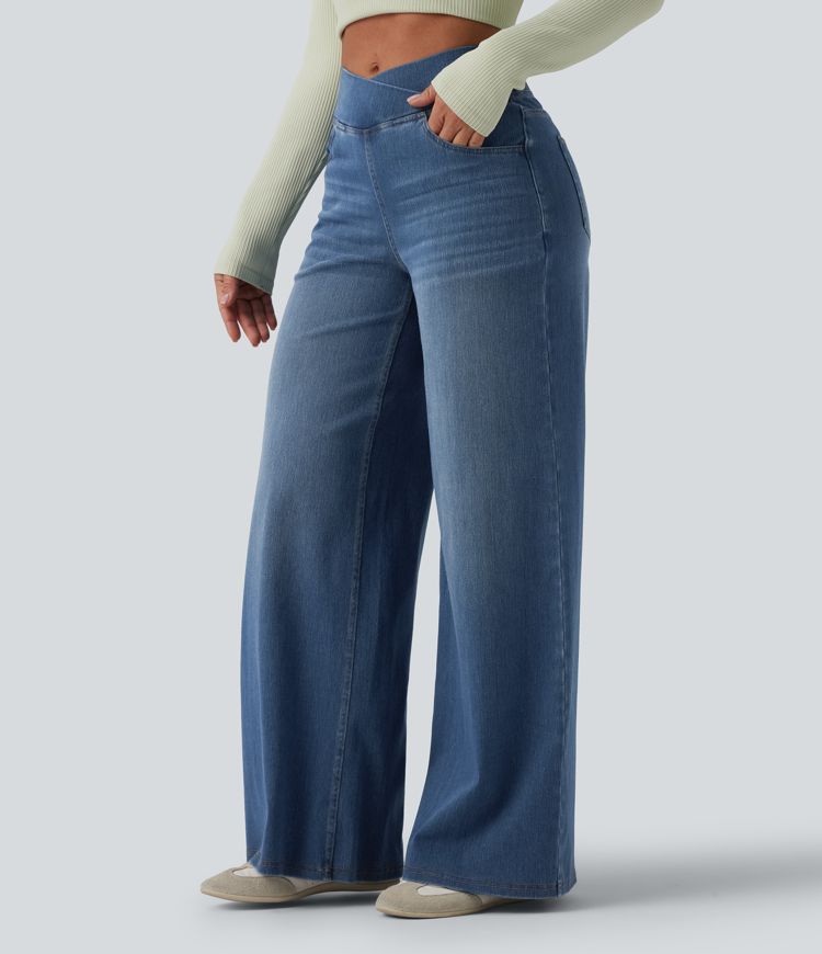 Halara Flex™ High Waisted Crossover Wide Leg Casual Jeans with Pockets