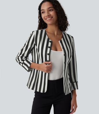 Blazer ajustado para trabajar con cuello rojo, mangas 3/4, botones decorativos y rayos color block