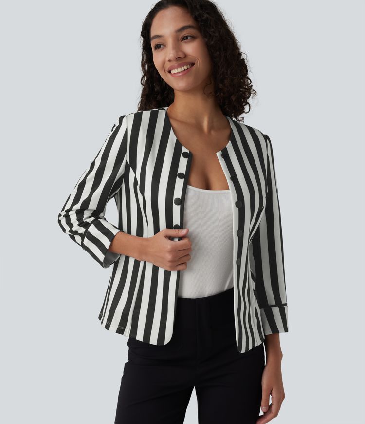 Blazer ajustado para trabajar con cuello rojo, mangas 3/4, botones decorativos y rayos color block