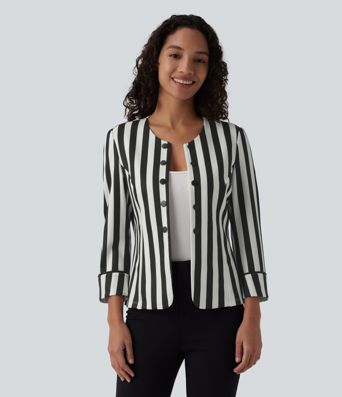 Blazer ajustado para trabajar con cuello rojo, mangas 3/4, botones decorativos y rayos color block