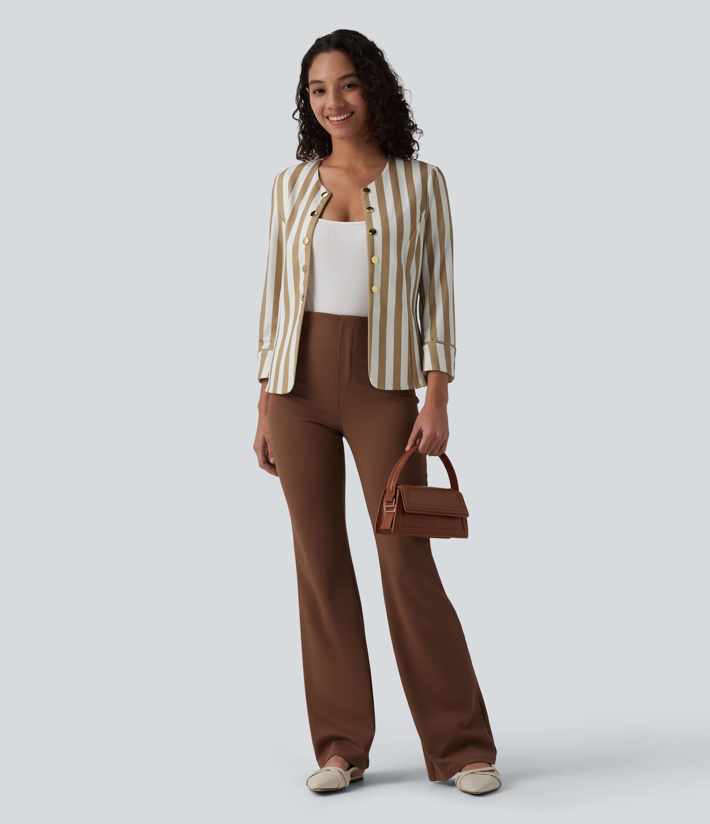 Round Neck 3/4 Sleeve Decorative Button Color Block Stripes Slim Work Blazer Round Neck 3/4 Sleeve Decorative Button Color Block Stripes Slim Work Blazer