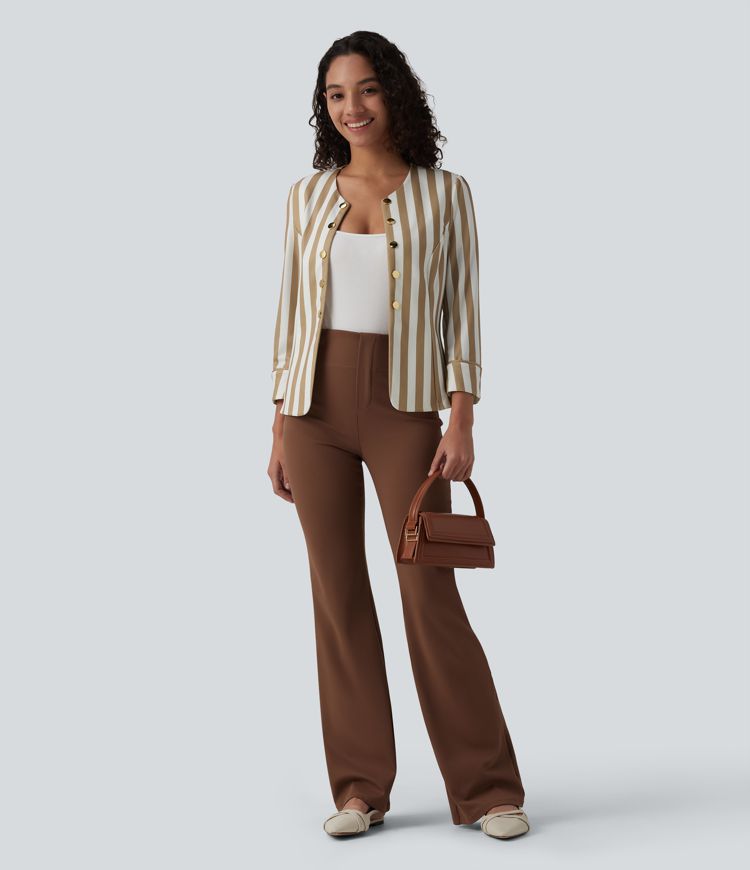 Round Neck 3/4 Sleeve Decorative Button Color Block Stripes Slim Work Blazer Round Neck 3/4 Sleeve Decorative Button Color Block Stripes Slim Work Blazer