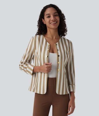 Round Neck 3/4 Sleeve Decorative Button Color Block Stripes Slim Work Blazer Round Neck 3/4 Sleeve Decorative Button Color Block Stripes Slim Work Blazer
